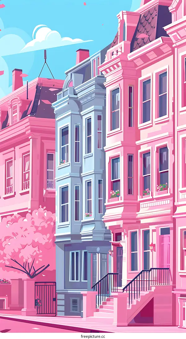 Pink and Blue Row of Houses Illustration