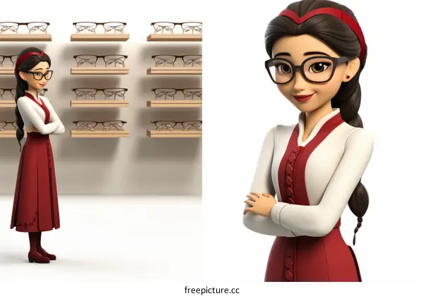 Charming Asian Woman with Glasses and Red Dress