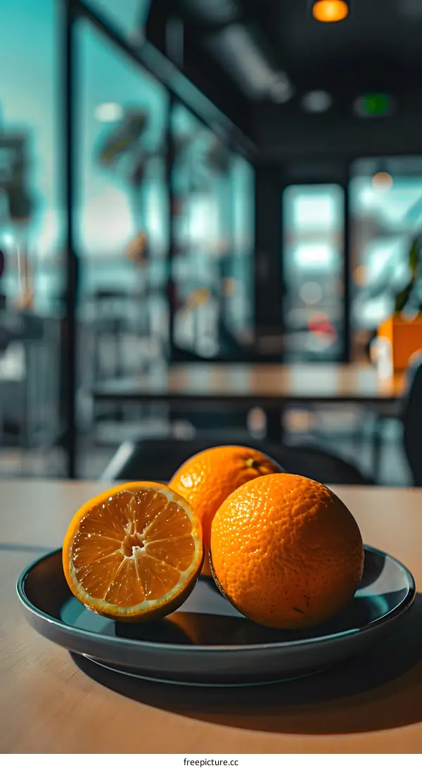 Oranges on a Plate in a Cafe