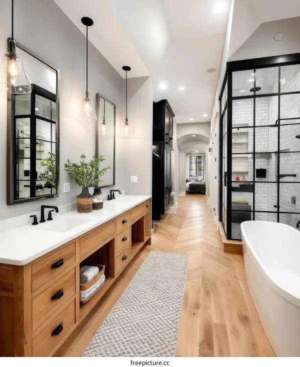 Modern Farmhouse Style Bathroom with Hardwood Flooring