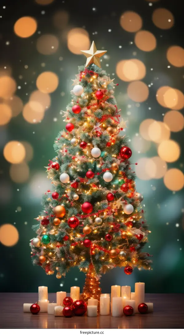 A beautifully decorated Christmas tree with red, gold, and white ornaments and a star on top