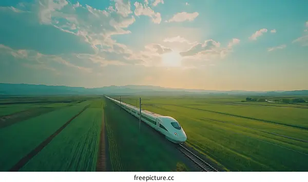 High-speed train across the green field at sunset