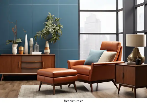 Mid-Century Modern Accent Chair & Ottoman with Blue Wall