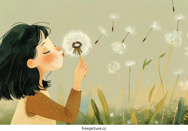Little girl blowing dandelion seeds