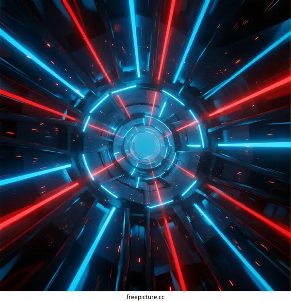 Neon-Lit Futuristic Tunnel with Red and Blue Light Circles