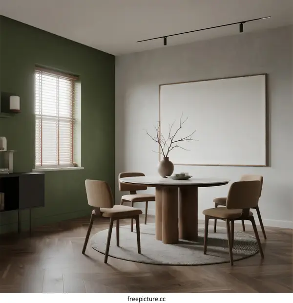 Minimalist dining room with round table and green wall