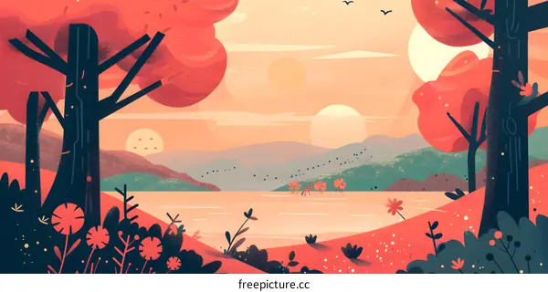 Sunset Landscape with Red Trees and Lake