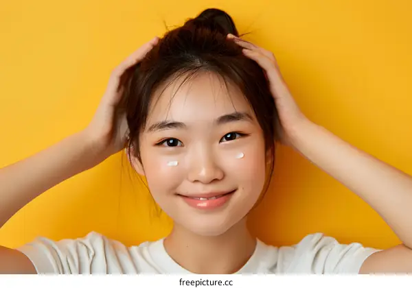 Smiling Asian Woman Applying Under Eye Cream On Yellow Background