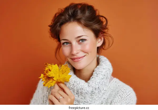 Autumn Beauty Woman Holding Maple Leaf Portrait
