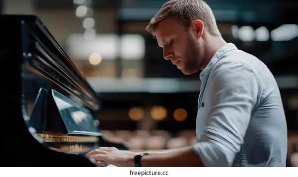 Man playing piano in a concert hall