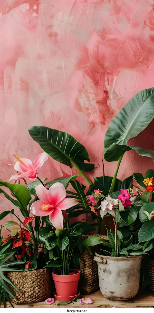 Pink Wall with Green Plants and Flowers in Pots