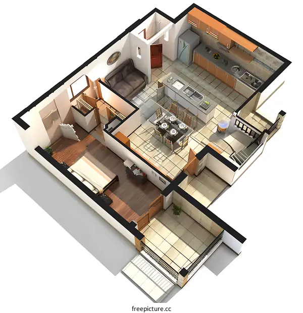 Modern 3D Floor Plan of a Luxury Apartment with Kitchen and Dining Room
