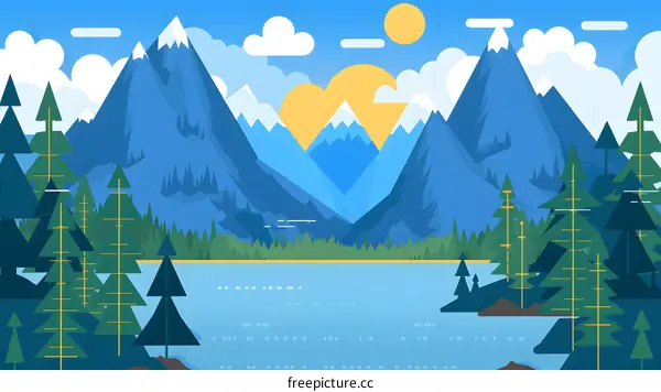 Mountain Landscape Illustration with Lake and Forest