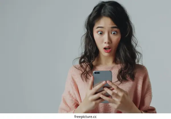 Asian young woman shocked while looking at her mobile phone