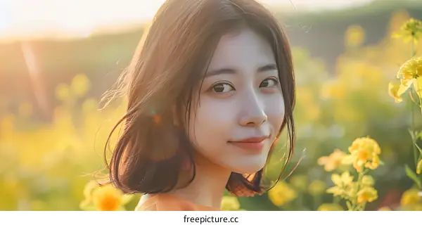 Smiling Woman in a Field of Yellow Flowers