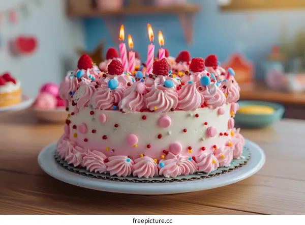 A scrumptious birthday cake with pink frosting and bright lit candles resting on a table