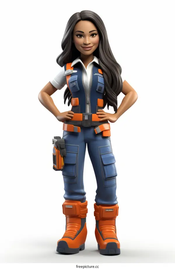 Cheerful Brown-Haired Woman in Blue and Orange Jumpsuit