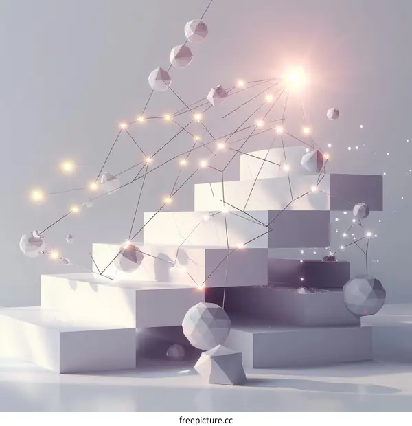 Abstract 3D Geometric Shapes with Glowing Lines and Particles