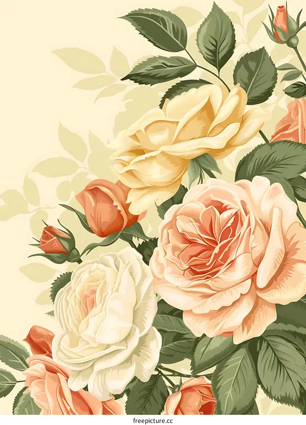 Vintage Floral Illustration With Roses, Leaves, And Buds