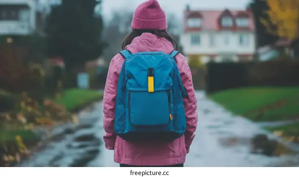 Rainy Day Walk to School with a Backpack