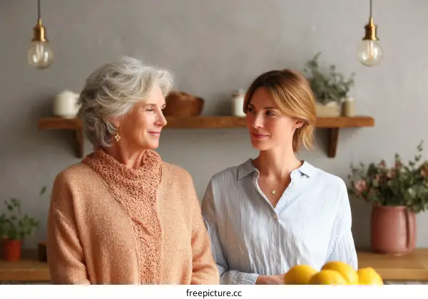 Two Caucasian women conversing in a kitchen setting