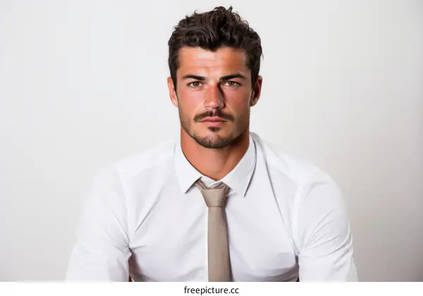 Handsome young businessman with brown hair and mustache wearing white shirt and brown tie
