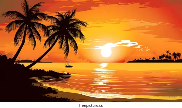 Sunset on the Tropical Beach with Palm Trees
