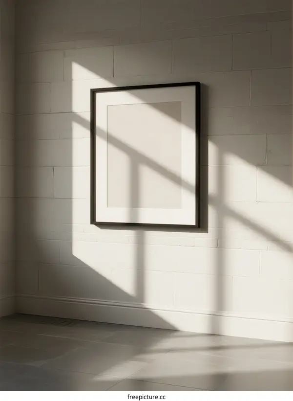 A black frame hanging on a white brick wall with sunlight