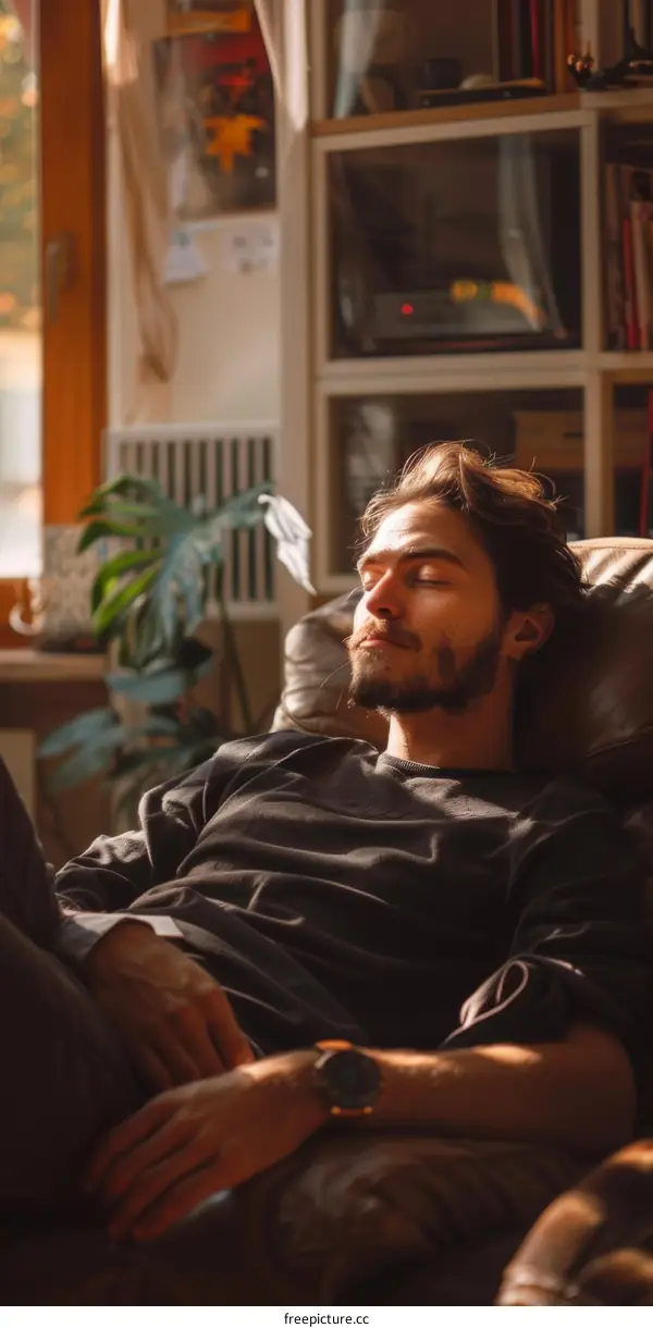 A young man is sleeping in a chair