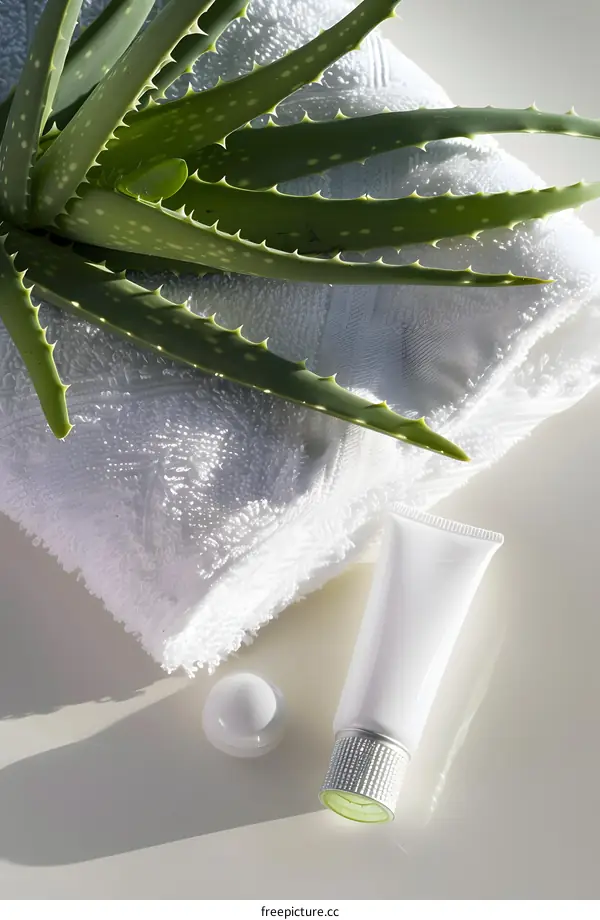 Aloe Vera Plant on Towel with Cream Tube
