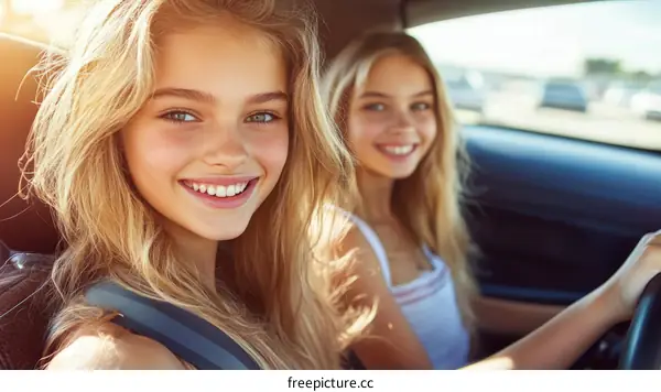 Two Caucasian Teen Girls Smiling in a Car