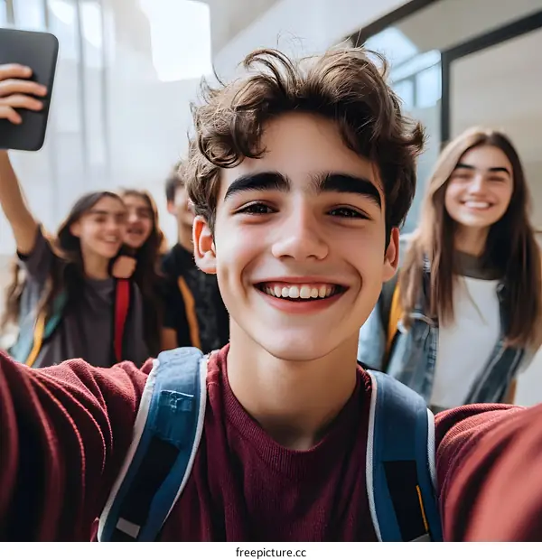 Smiling Teenager Taking a Selfie with Friends