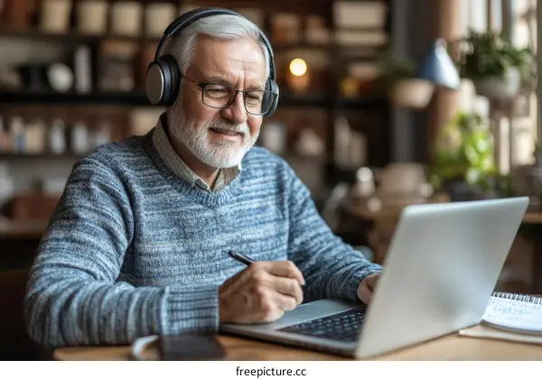 Senior Man Learning Online in a Cafe