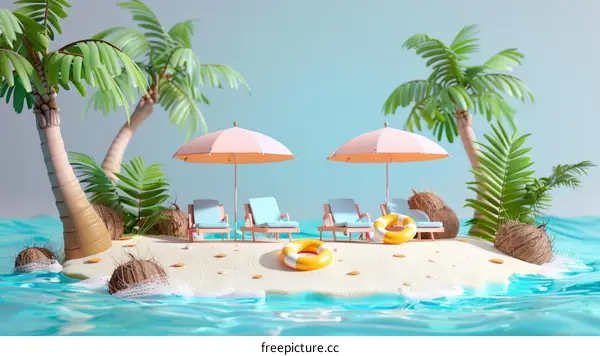 3D rendering of a tropical island with palm trees, beach chairs, and pink umbrellas