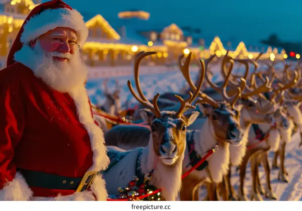 Santa Claus with his reindeer in a snowy village