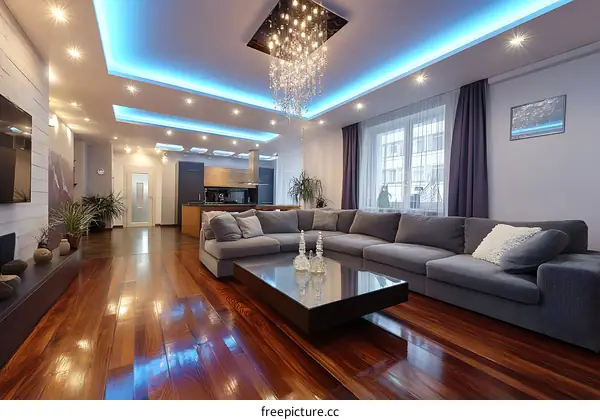Modern Living Room Interior Design with Wooden Flooring and Blue LED Lighting