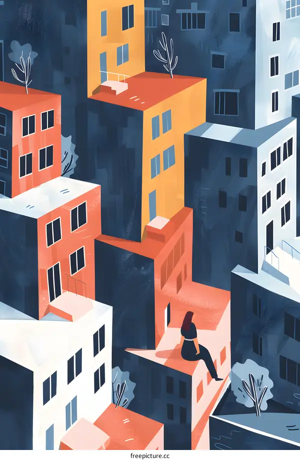 Woman Sitting on a Rooftop in a City