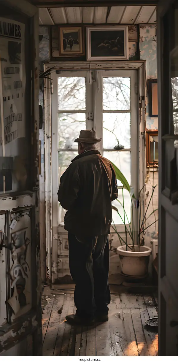An old man is standing in a room with a plant by the window
