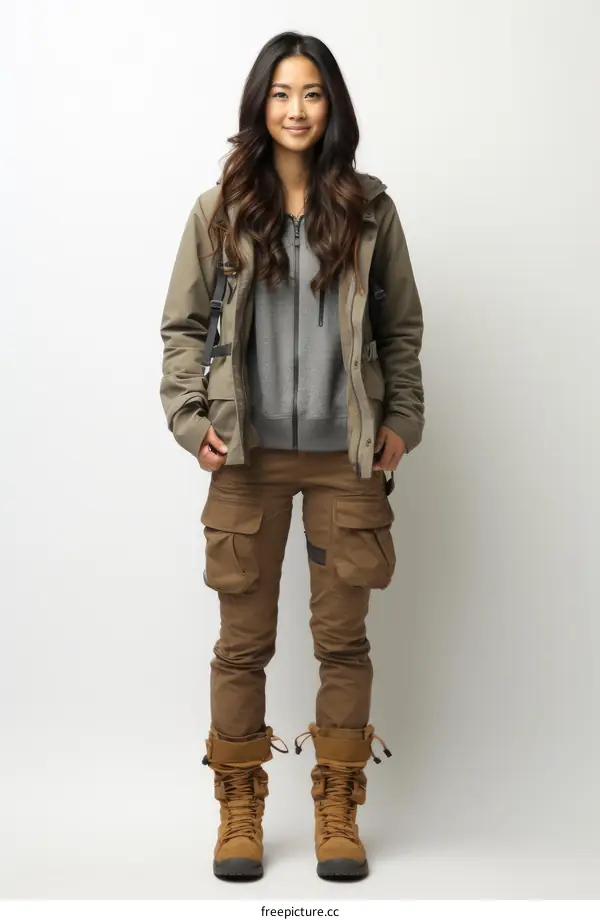 Asian woman wearing tactical clothing and backpack