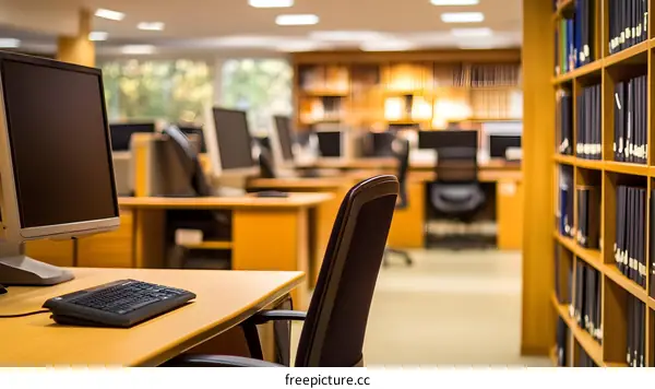 Modern Library Interior With Computer and Bookshelves