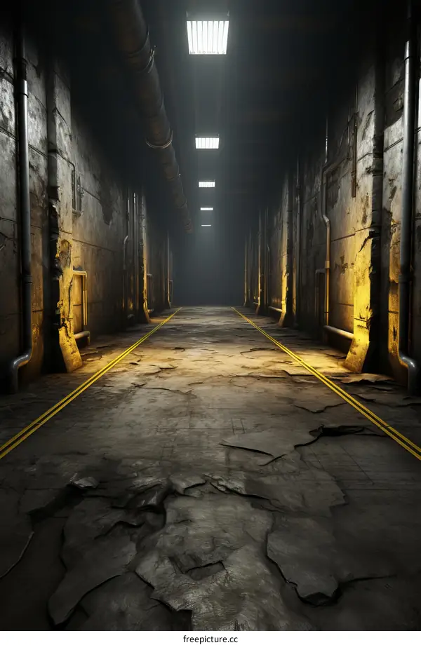 Grungy concrete corridor with yellow caution lines and exposed pipes on the ceiling