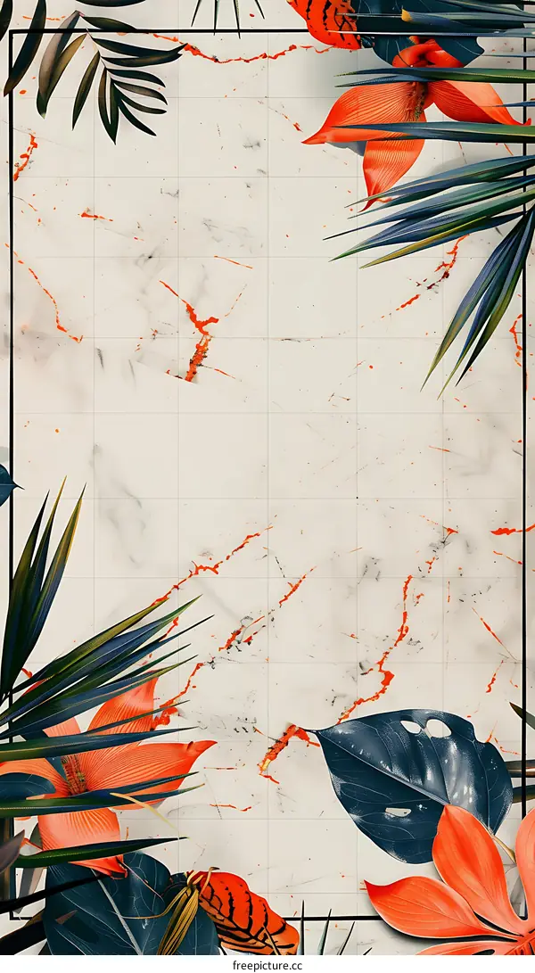 Tropical Leaves and Flowers on Marble Background