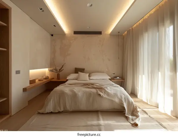 Earthy, warm and inviting master bedroom with large windows