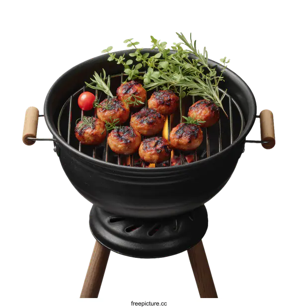 [Transparent Background PNG]Delicious Grilled Meatballs on a Portable Charcoal Grill