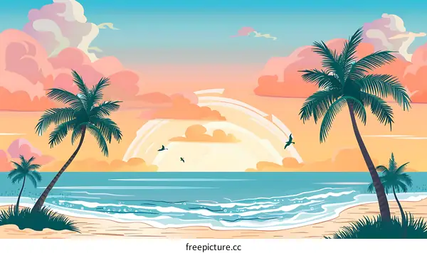 Tropical Beach Sunset Illustration With Palm Trees