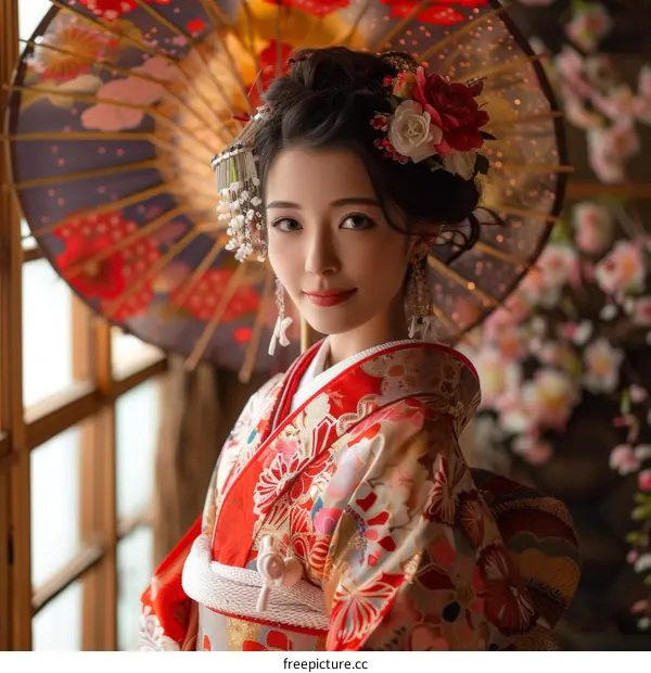 A beautiful Japanese woman wearing a kimono and holding a red umbrella