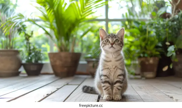 Cute Tabby Kitten on Wooden Floor by Window