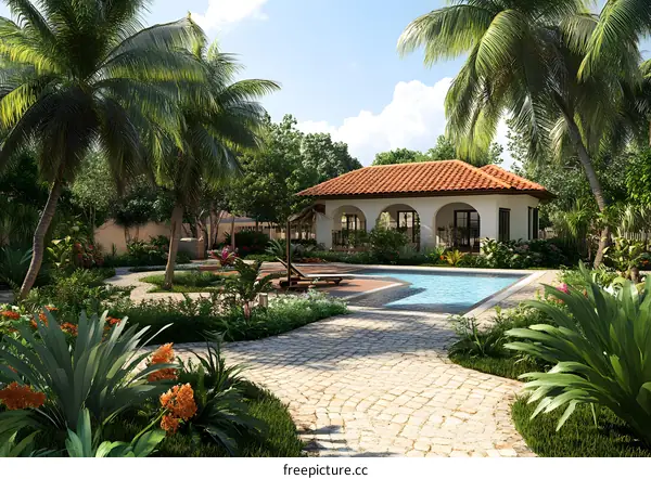 Tropical Garden with Swimming Pool and Small Building