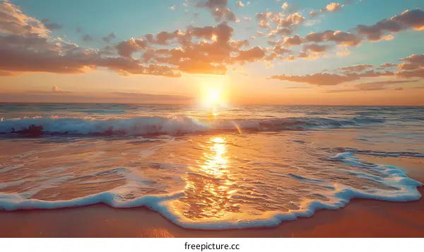 The setting sun casts a golden glow on the beach