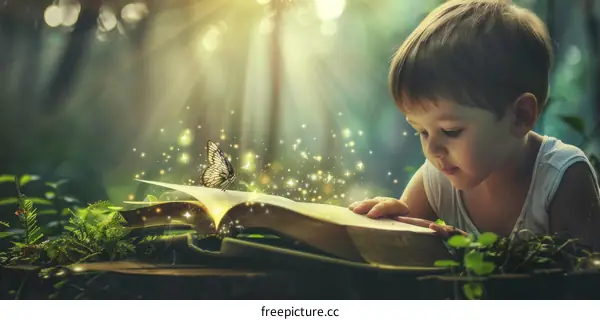 A young boy is reading a magical book in the forest